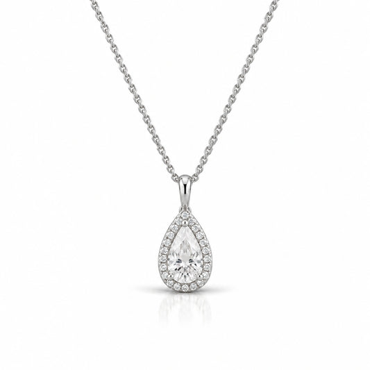 Goutte Pear Lab-Grown Diamond Halo Pendant - White Gold