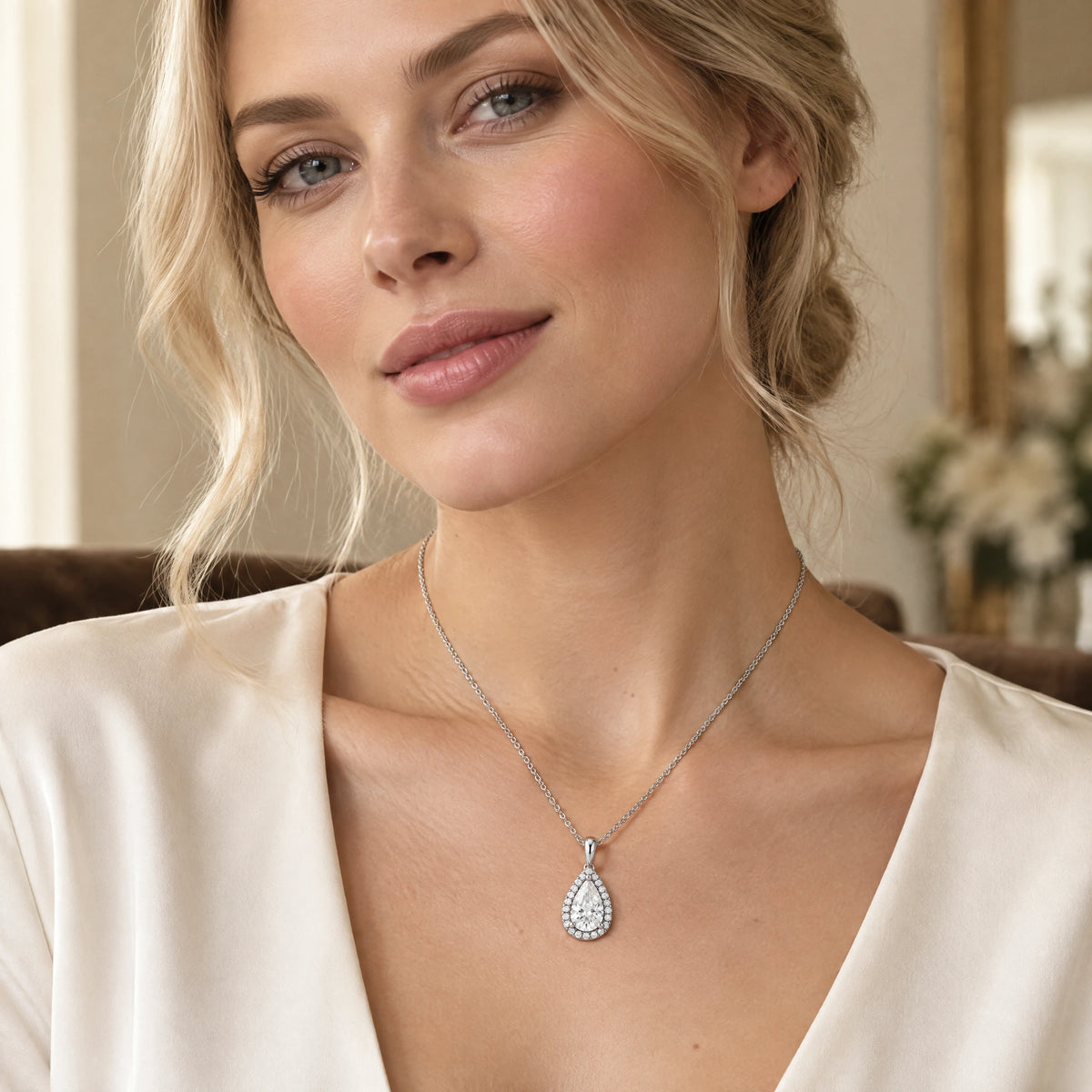 A woman wearing a silver teardrop pendant necklace with a halo of small clear stones, paired with a cream satin top.
