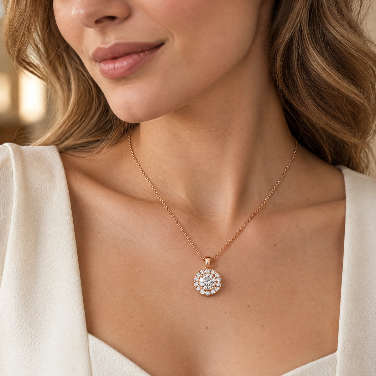 Lumière Round Lab-Grown Diamond Halo Pendant - Rose Gold