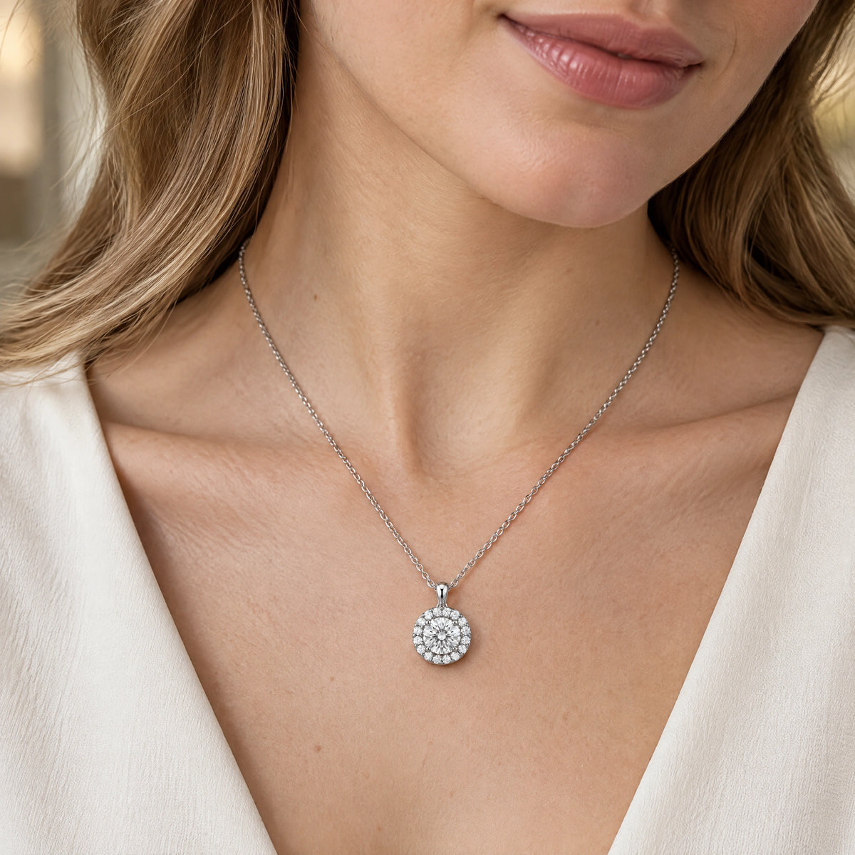 Lumière Round Lab-Grown Diamond Halo Pendant - White Gold