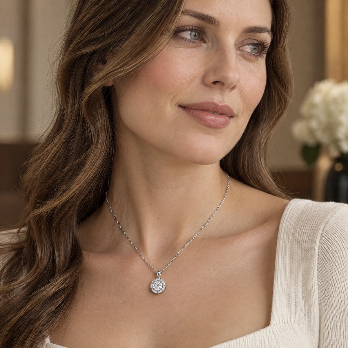 Lumière Round Lab-Grown Diamond Halo Pendant - White Gold