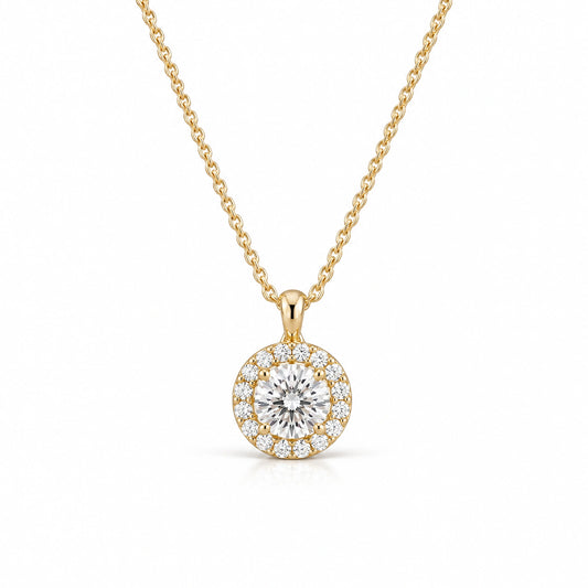 Lumière Round Lab-Grown Diamond Halo Pendant - Yellow Gold