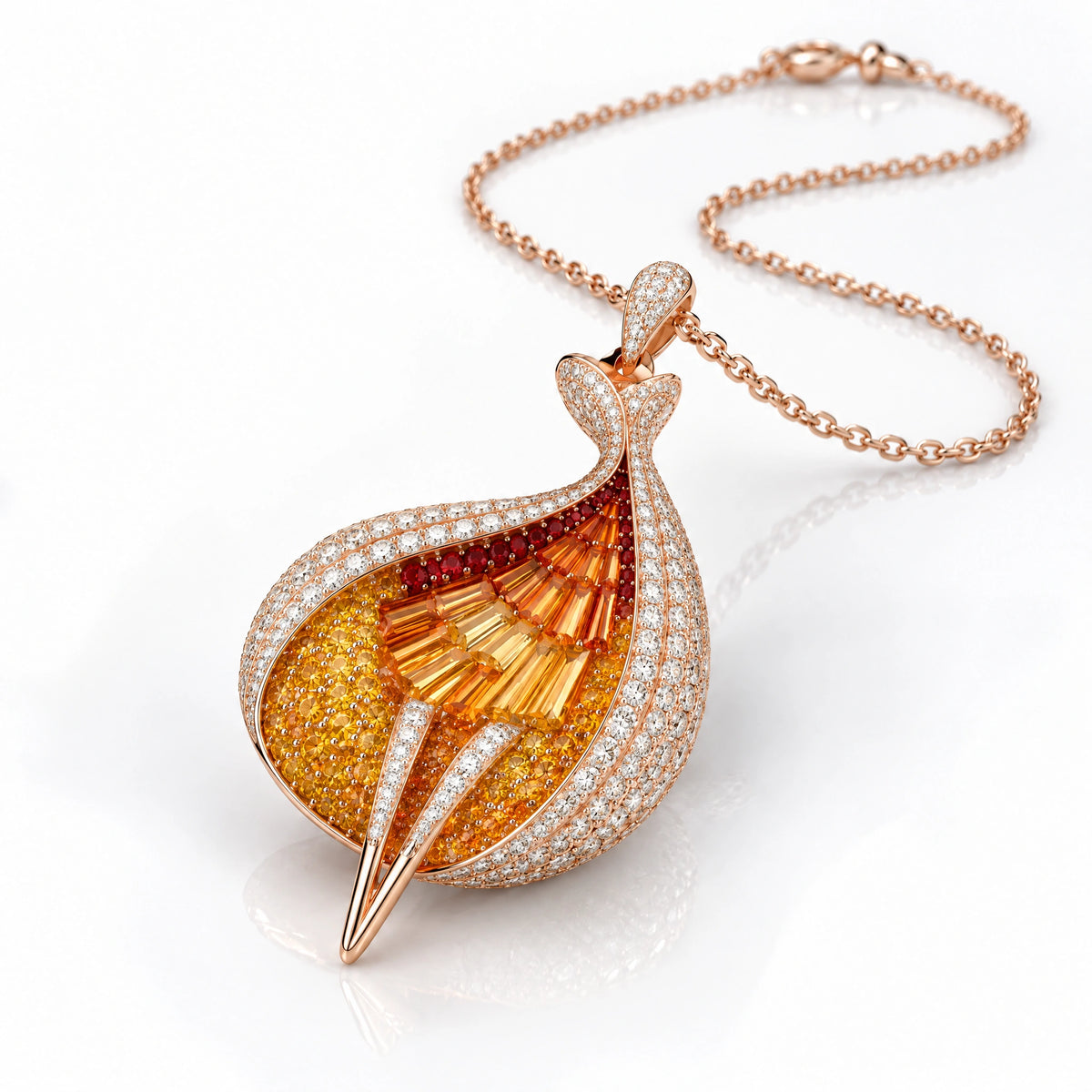 An elegant teardrop-shaped pendant necklace in rose gold, featuring a textured yellow and orange center with pavé-set clear stones along the outer edges, displayed on a clean white background.