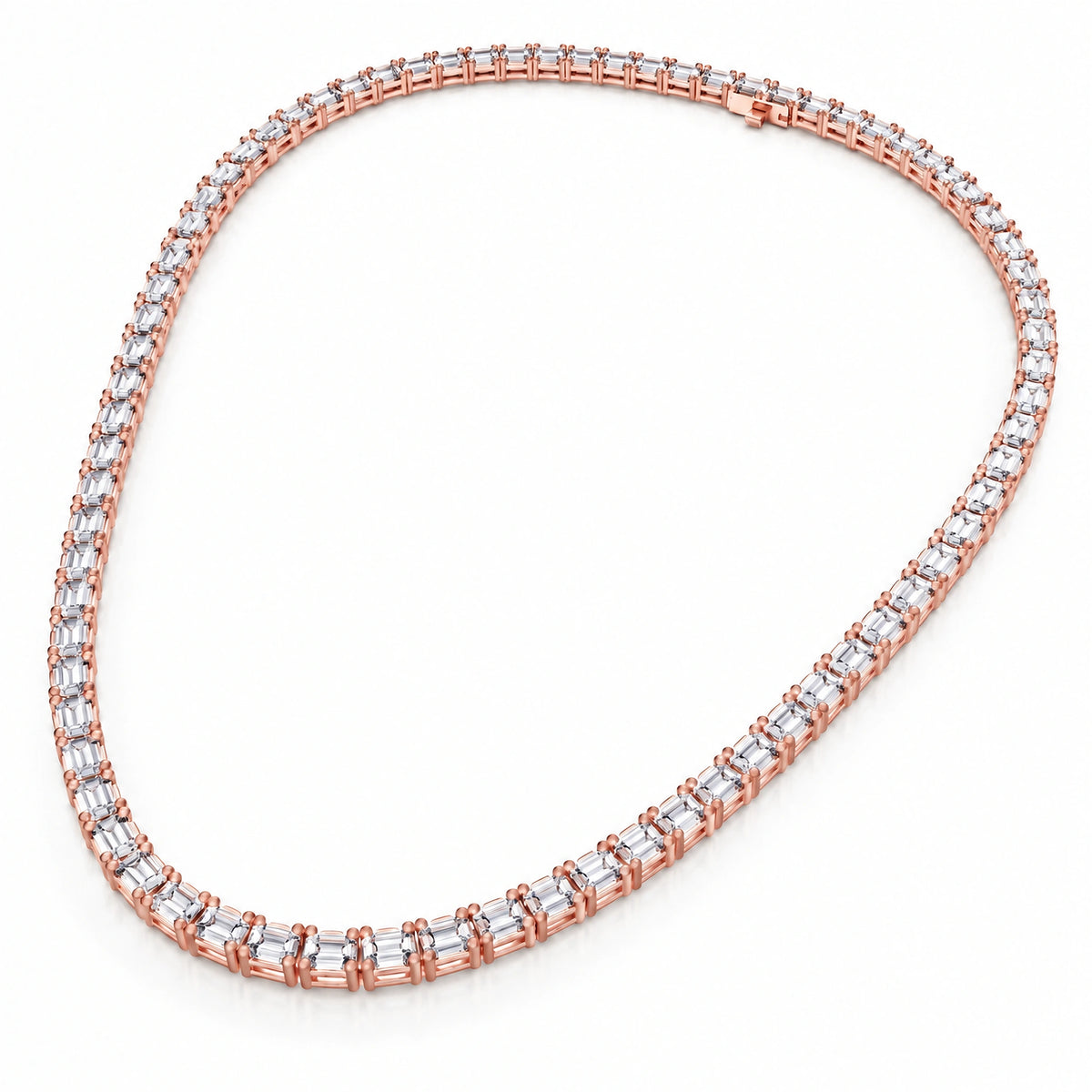A rose gold tennis necklace paved with clear baguette-cut gemstones, displayed in an oval shape on a clean white background.