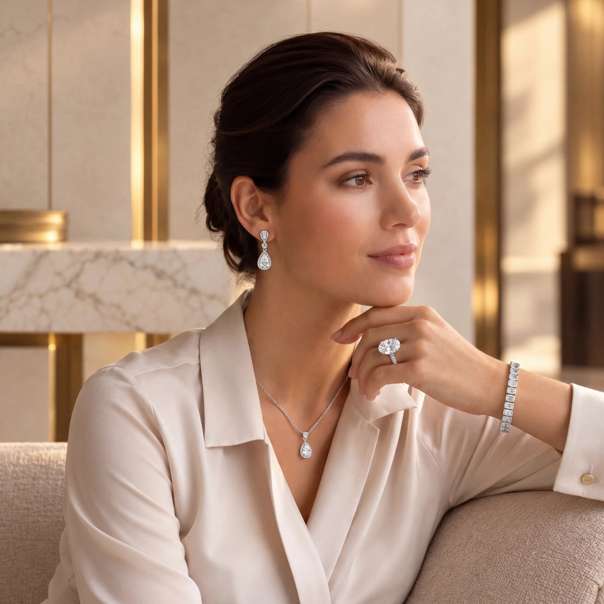 A woman in a cream satin blouse is shown wearing a matching diamond jewelry set, including a teardrop pendant necklace, matching drop earrings, and a bracelet, in a luxurious interior setting.