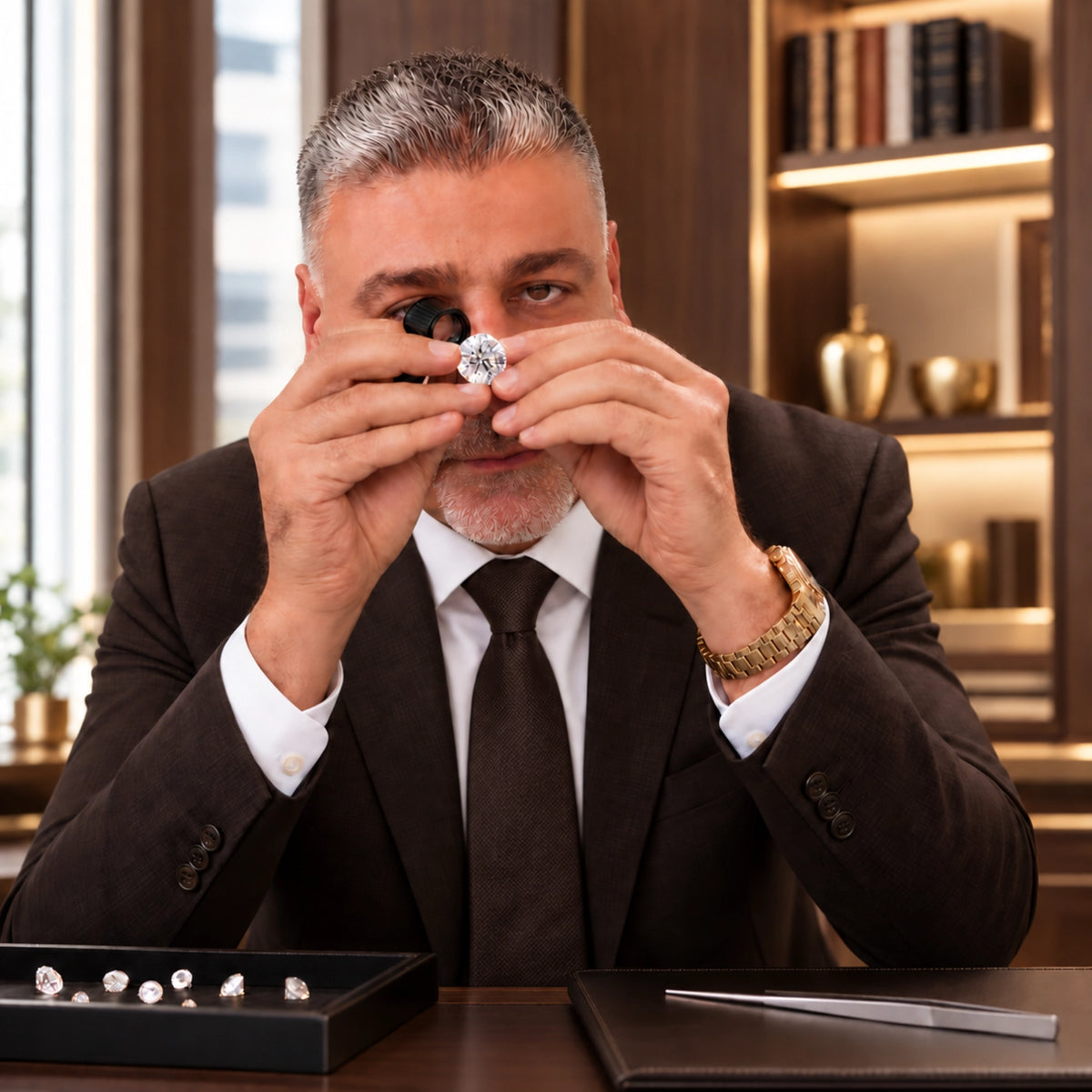 A man in a dark suit and tie examines a ring under a loupe, seated at a desk with jewelry trays and books in a warm office setting.