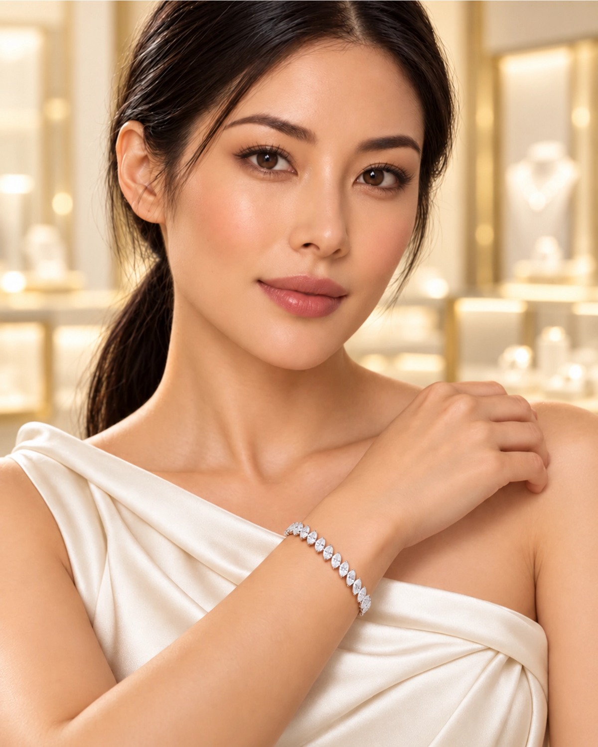 Woman wearing lab-grown diamond tennis bracelets