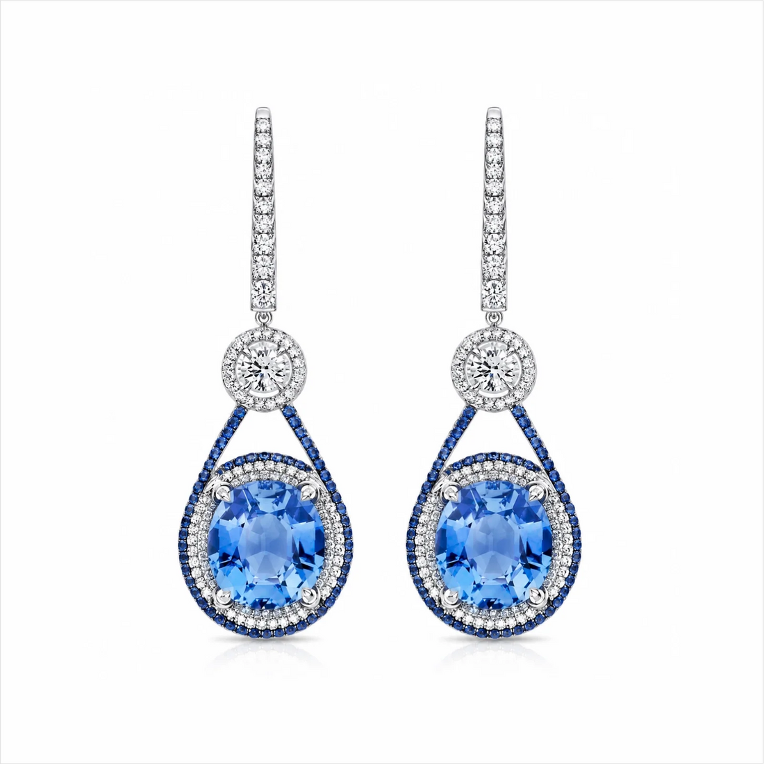 Oval Blue Sapphire & Lab-Grown Diamond Halo Drop Earrings - White Gold